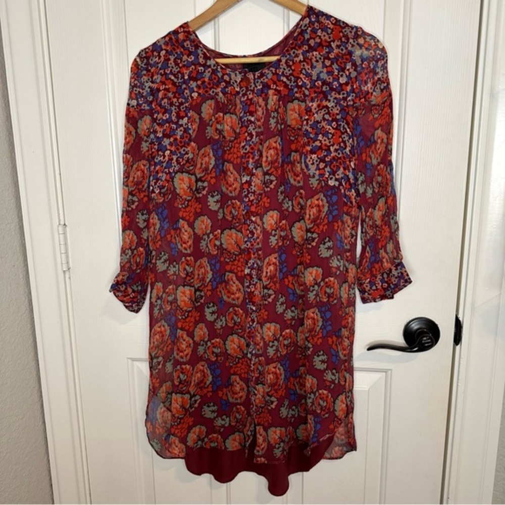 Anna Sui Red Multicolor Floral Mini Dress Sz 6 Bohemian Preppy Spring Fairycore